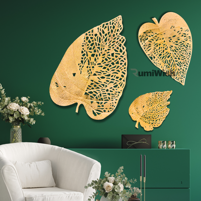 RumiWish  Metal Leaf (Set of 3) Golden Finish Wall Art