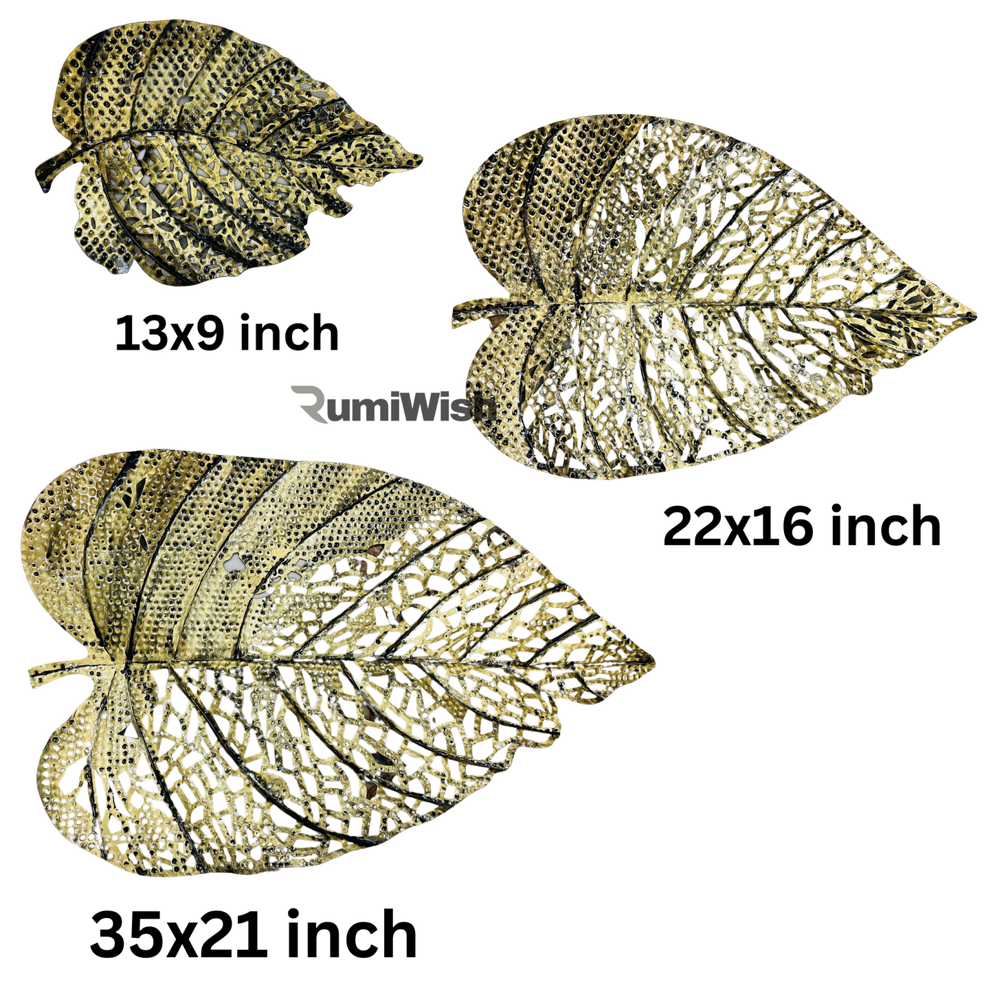 rumiwish  metal leaf (set of 3) brass antique finish wall art decorations | perfect 3d wall sculpture for living room, bedroom, drawing room & office