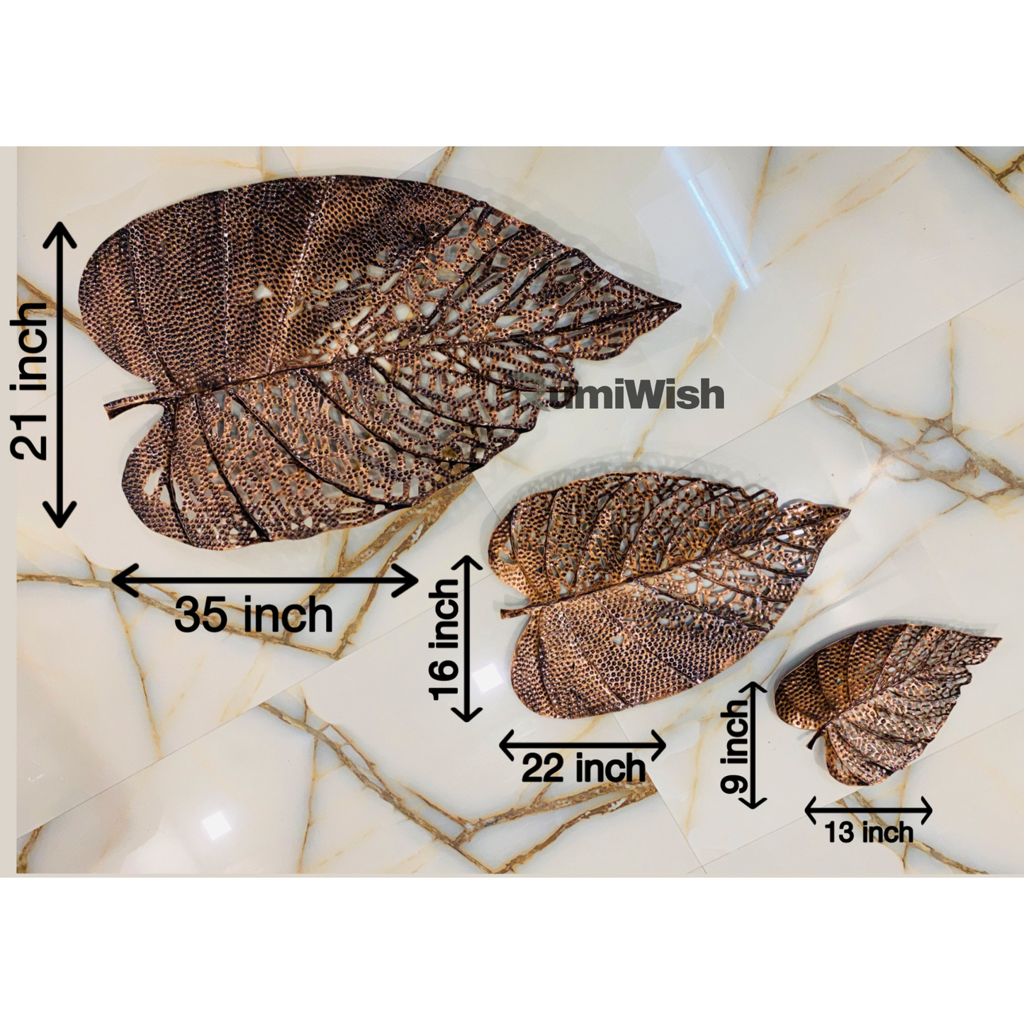 rumiwish  metal leaf (set of 3) copper antique finish wall art decorations | perfect 3d wall sculpture for living room, bedroom, restaurant, hotel & office