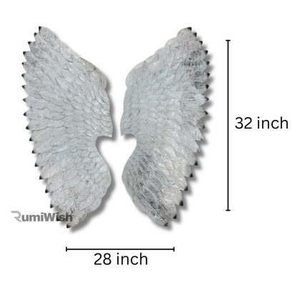 RumiWish  Luxury Metal Angel Wings Set of 2 | For Selfie Wall Hanging Art | Wall Decor For Restaurant | Hotel | Home | Office | Living Room (Silver & White, Size:32x28inch)