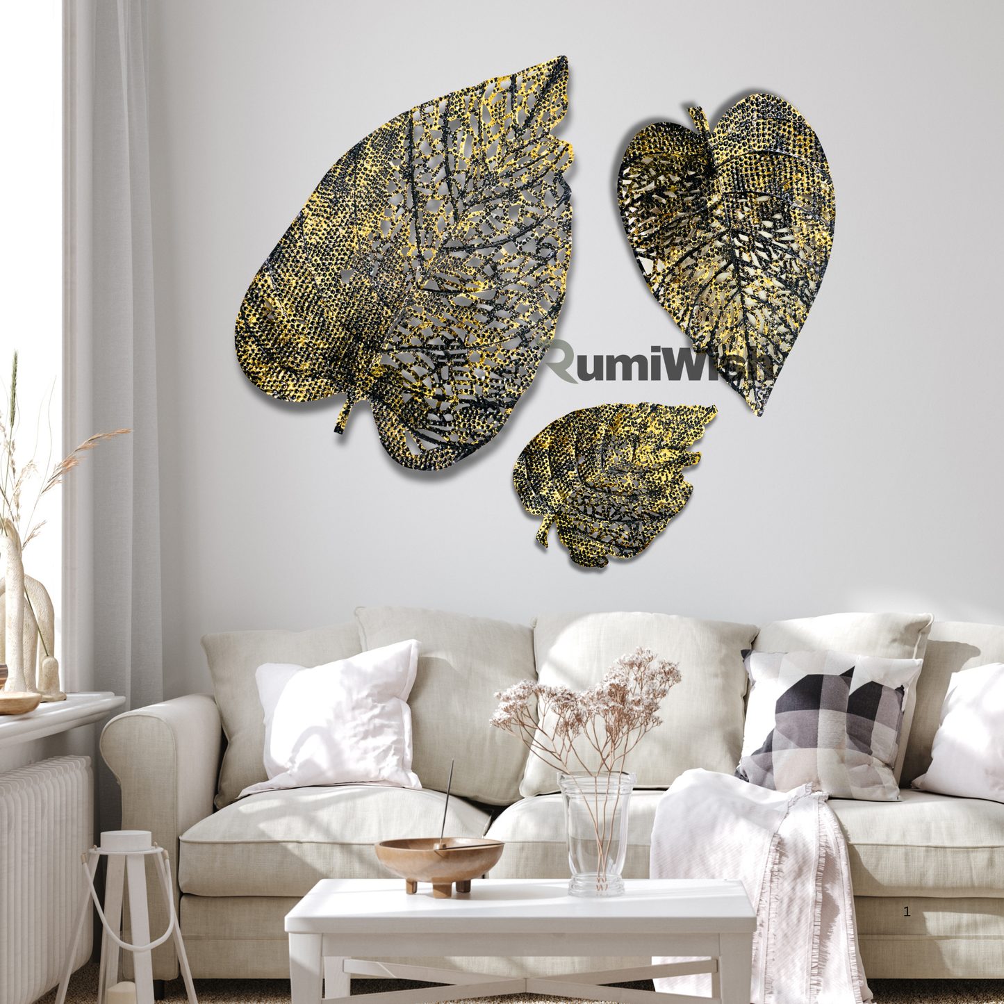 rumiwish  metal leaf (set of 3) black & golden finish wall art decorations | perfect 3d wall sculpture for living room, bedroom, restaurant, hotel & office