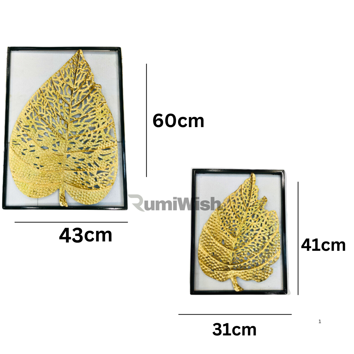 rumiwish  modern luxury metal leaf set of 2 frame wall art decorations | perfect 3d wall sculpture for living room, bedroom, restaurant, hotel & office (shiny golden)