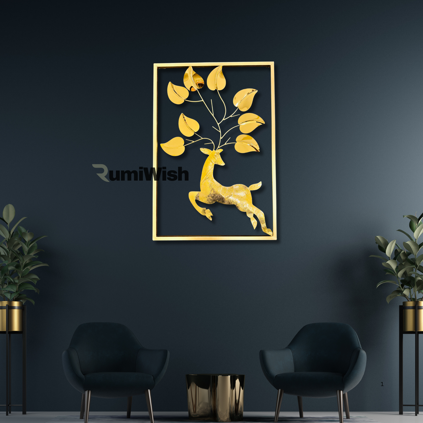 rumiwish  luxury pvd metal wall art decorations | steel & iron combination | 3d modern deer wallart for home decoration, living room, hotel, restaurant, office