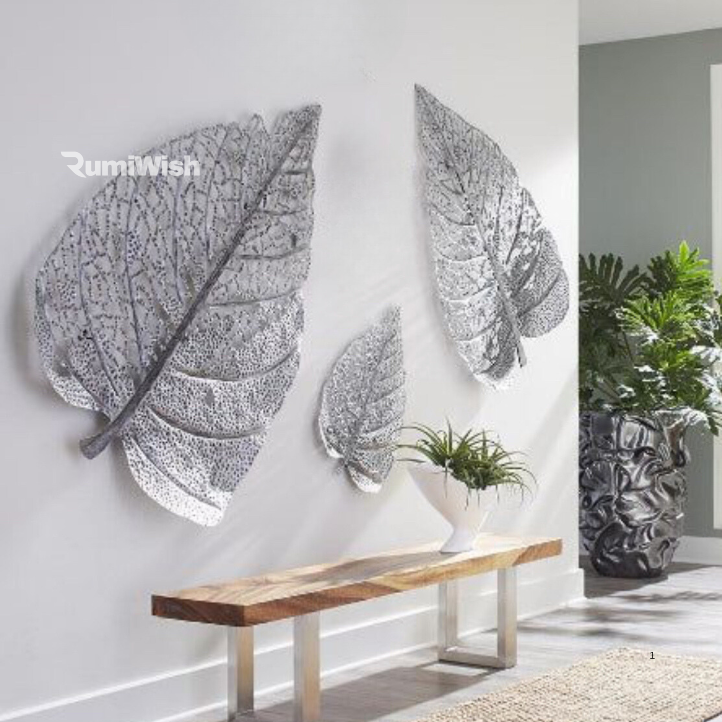 rumiwish  metal leaf (set of 3) silver antique finish wall art decorations | perfect 3d wall sculpture for living room, bedroom, drawing room & office