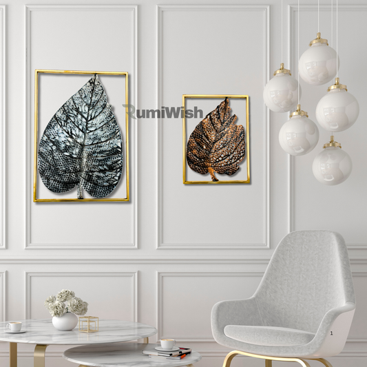 RumiWish  Modern Luxury Metal Leaf Set of 2 Frame Wall Art Decorations | Perfect 3D Wall Sculpture for Living Room, Bedroom, Restaurant, Hotel & Office (Copper & Silver Antique)