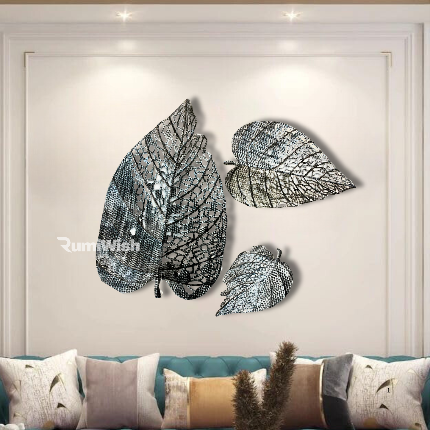 rumiwish  metal leaf (set of 3) silver antique finish wall art decorations | perfect 3d wall sculpture for living room, bedroom, drawing room & office