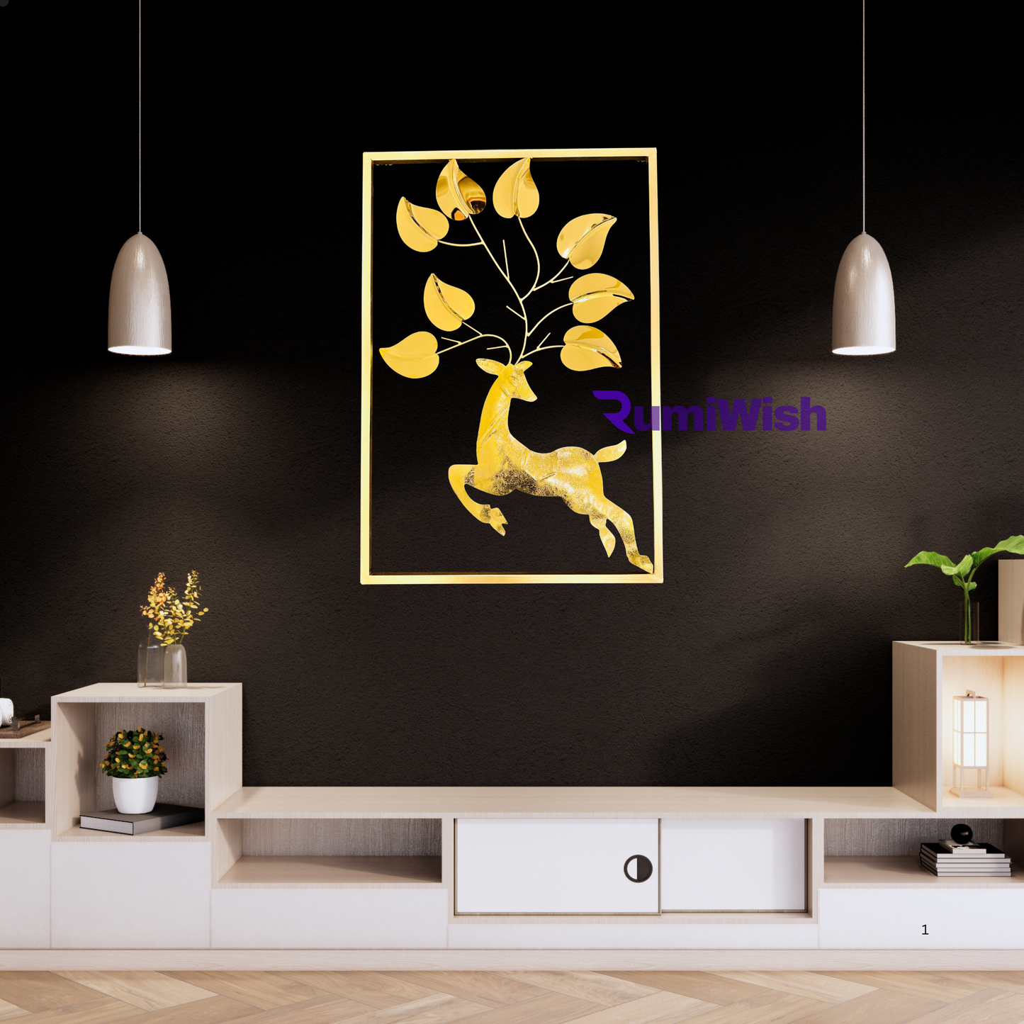 rumiwish  luxury pvd metal wall art decorations | steel & iron combination | 3d modern deer wallart for home decoration, living room, hotel, restaurant, office