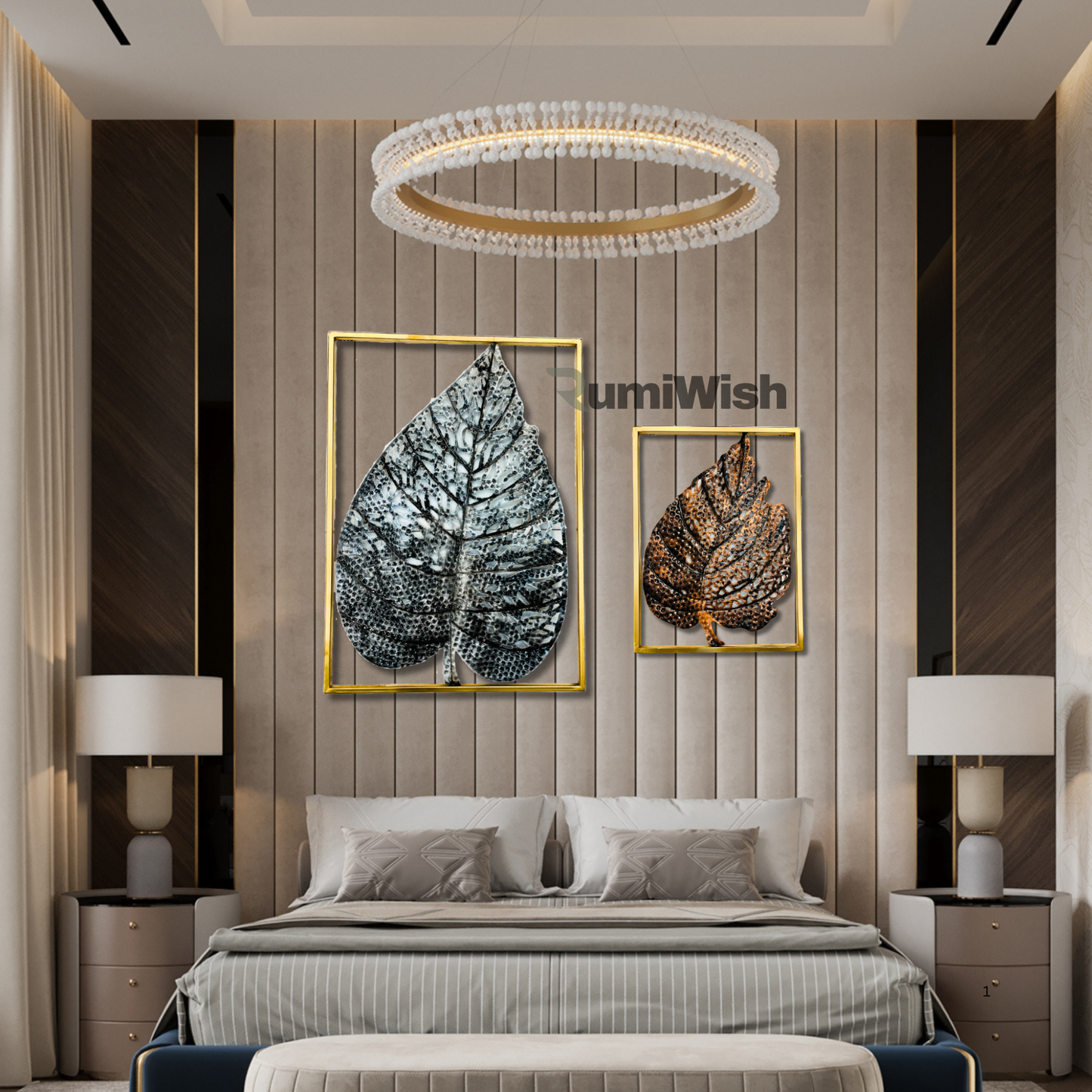 rumiwish  modern luxury metal leaf set of 2 frame wall art decorations | perfect 3d wall sculpture for living room, bedroom, restaurant, hotel & office (copper & silver antique)