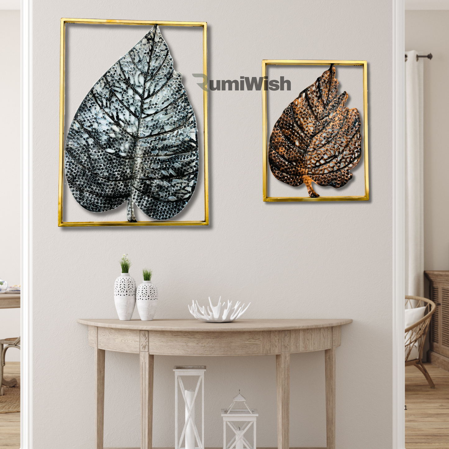 rumiwish  modern luxury metal leaf set of 2 frame wall art decorations | perfect 3d wall sculpture for living room, bedroom, restaurant, hotel & office (copper & silver antique)