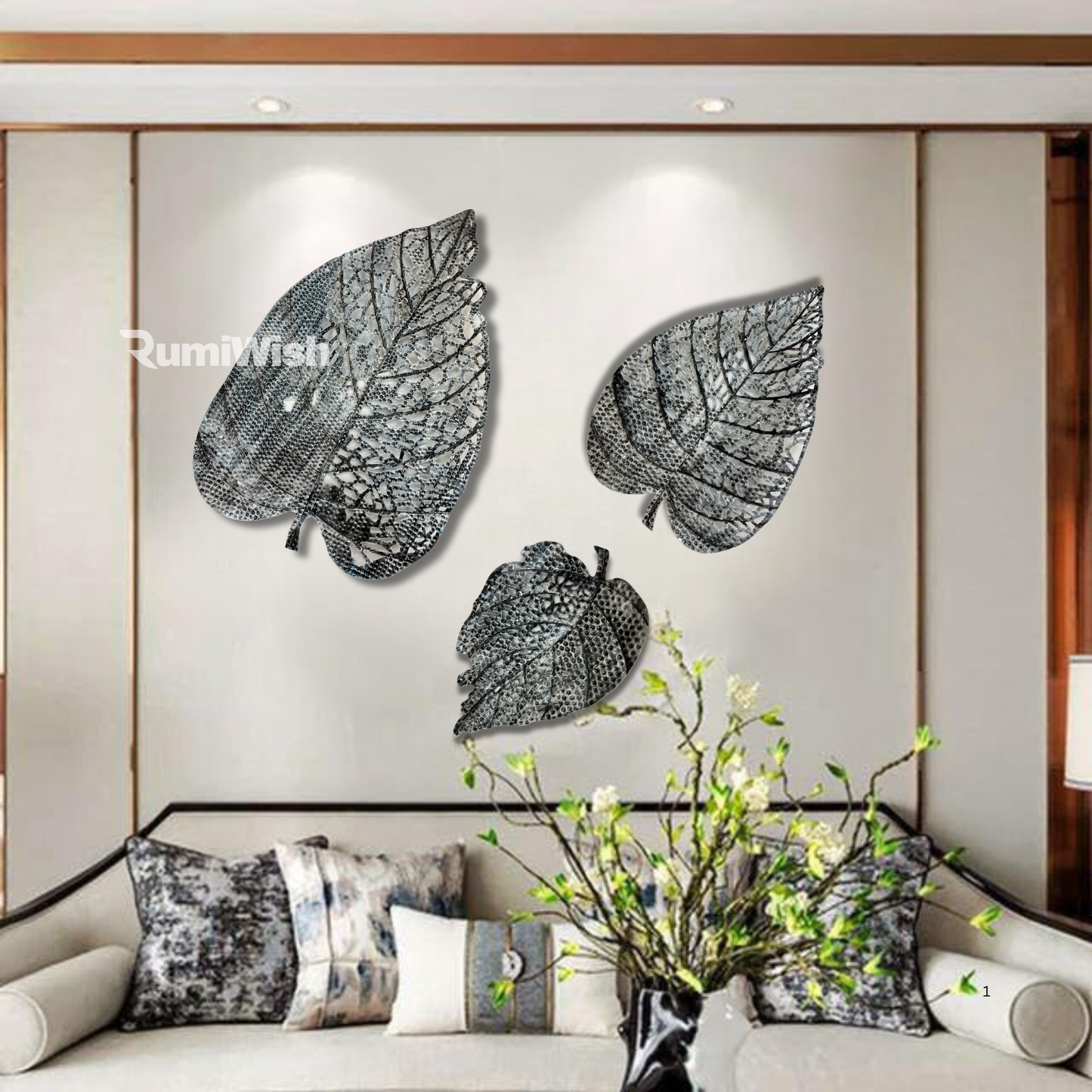 rumiwish  metal leaf (set of 3) silver antique finish wall art decorations | perfect 3d wall sculpture for living room, bedroom, drawing room & office