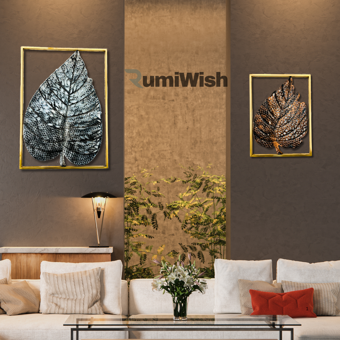 rumiwish  modern luxury metal leaf set of 2 frame wall art decorations | perfect 3d wall sculpture for living room, bedroom, restaurant, hotel & office (copper & silver antique)