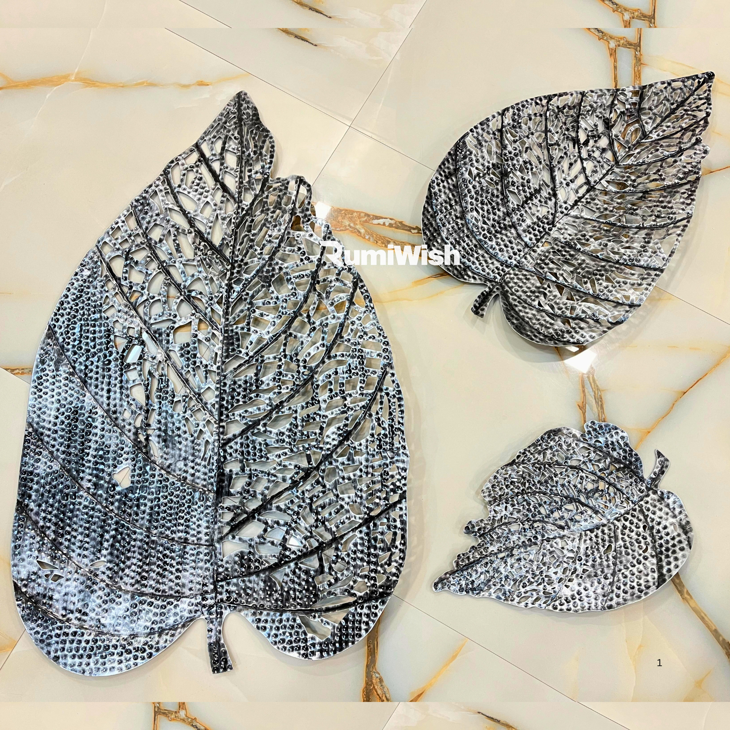 rumiwish  metal leaf (set of 3) silver antique finish wall art decorations | perfect 3d wall sculpture for living room, bedroom, drawing room & office