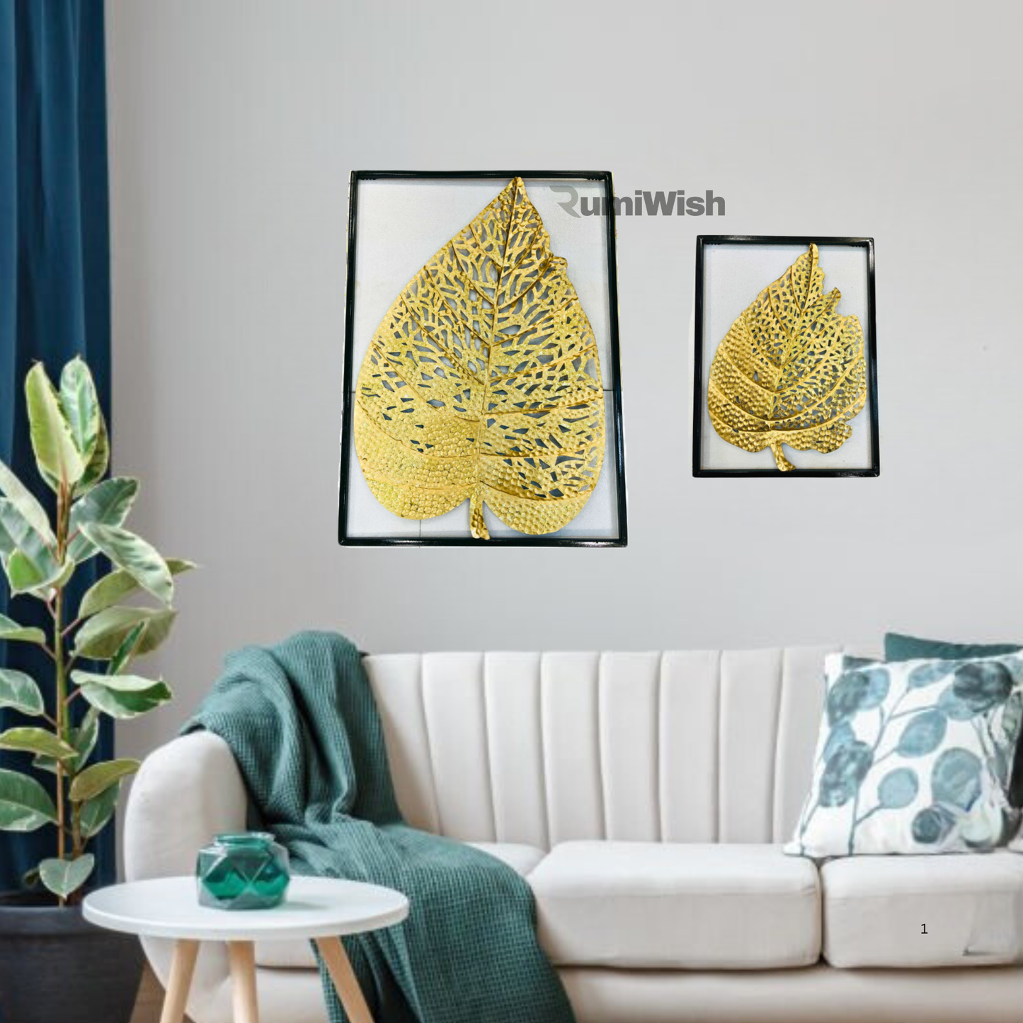 rumiwish  modern luxury metal leaf set of 2 frame wall art decorations | perfect 3d wall sculpture for living room, bedroom, restaurant, hotel & office (shiny golden)