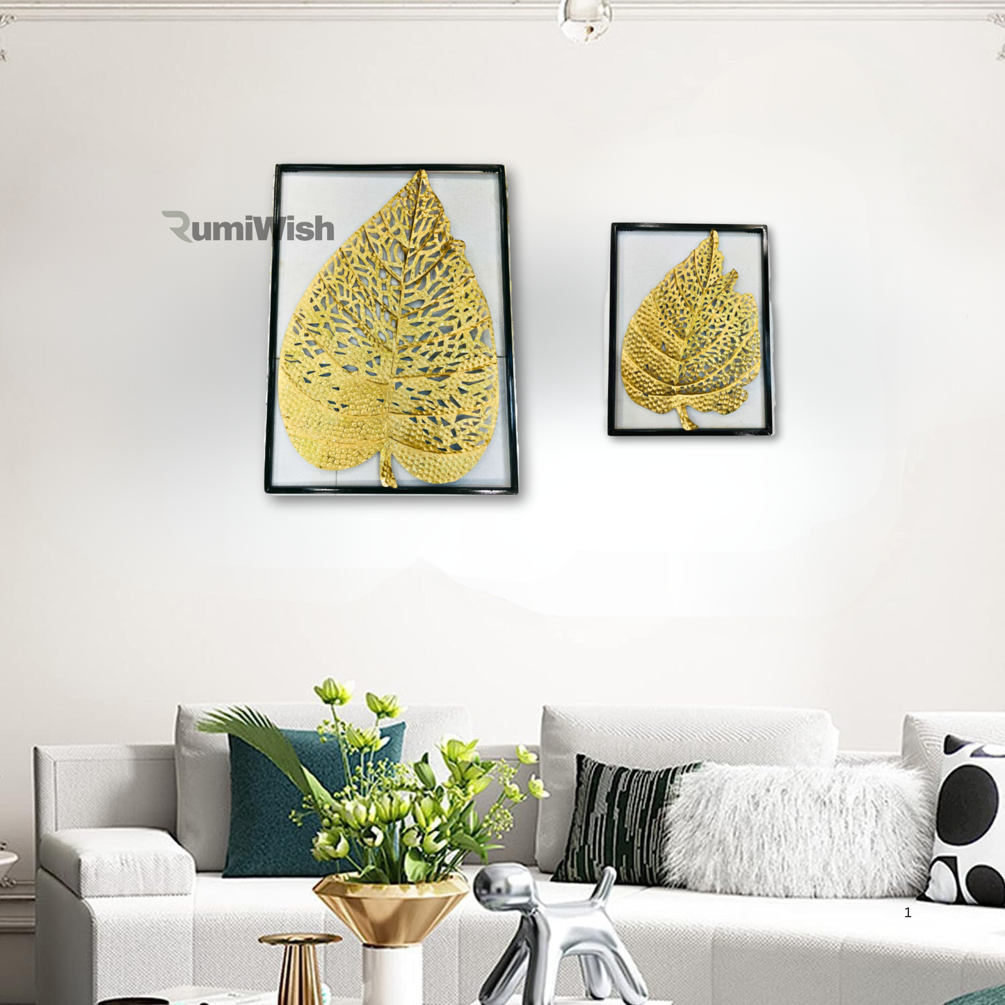 rumiwish  modern luxury metal leaf set of 2 frame wall art decorations | perfect 3d wall sculpture for living room, bedroom, restaurant, hotel & office (shiny golden)