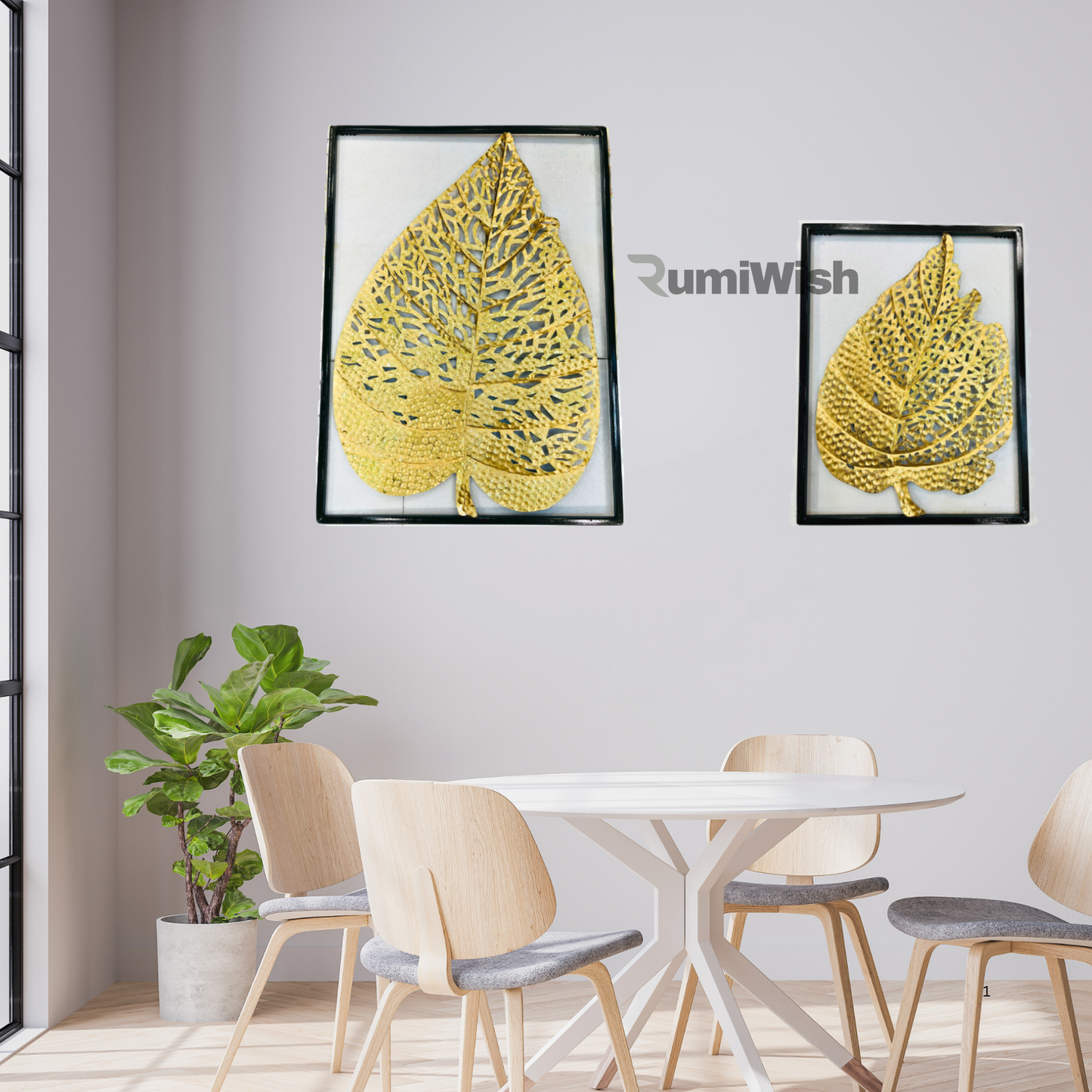 rumiwish  modern luxury metal leaf set of 2 frame wall art decorations | perfect 3d wall sculpture for living room, bedroom, restaurant, hotel & office (shiny golden)