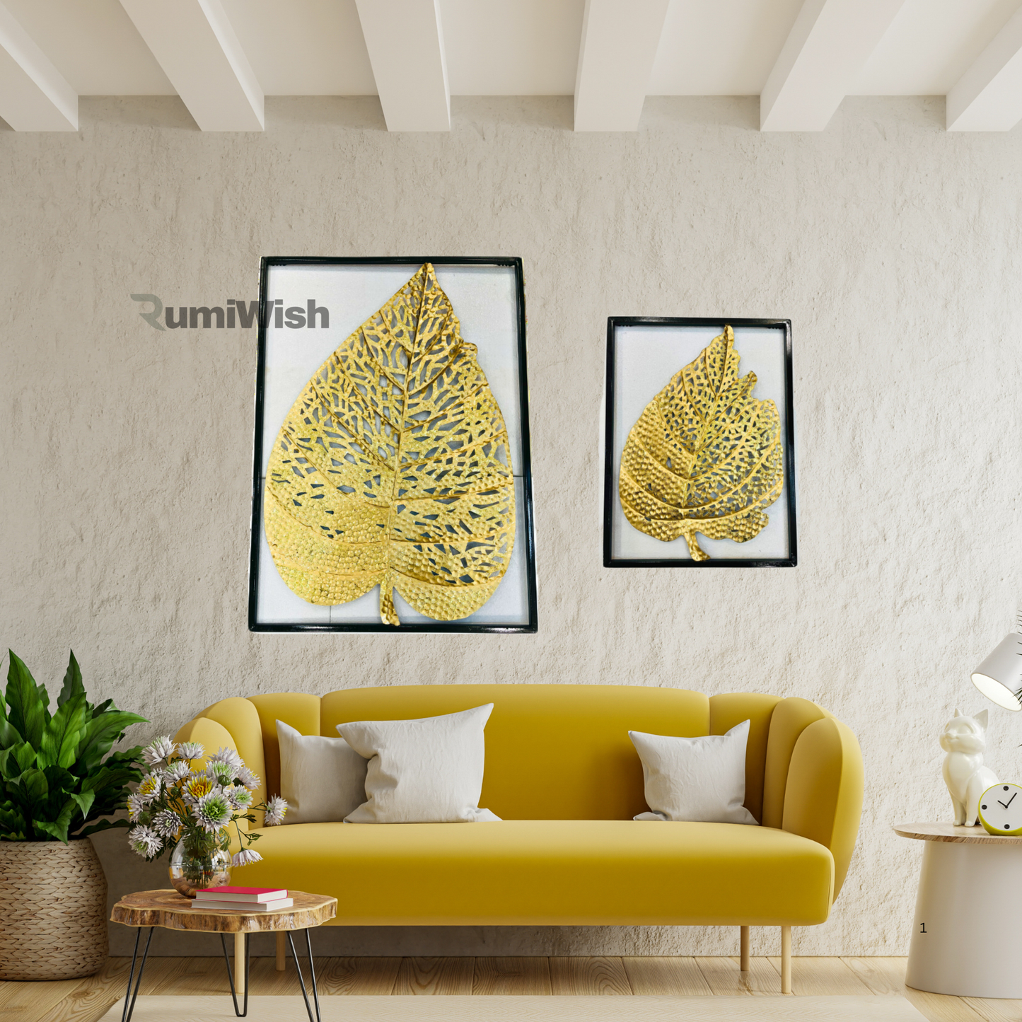 rumiwish  modern luxury metal leaf set of 2 frame wall art decorations | perfect 3d wall sculpture for living room, bedroom, restaurant, hotel & office (shiny golden)