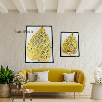 RumiWish  Modern Luxury Metal Leaf Set of 2 Frame Wall Art Decorations | Perfect 3D Wall Sculpture for Living Room, Bedroom, Restaurant, Hotel & Office (Shiny Golden)