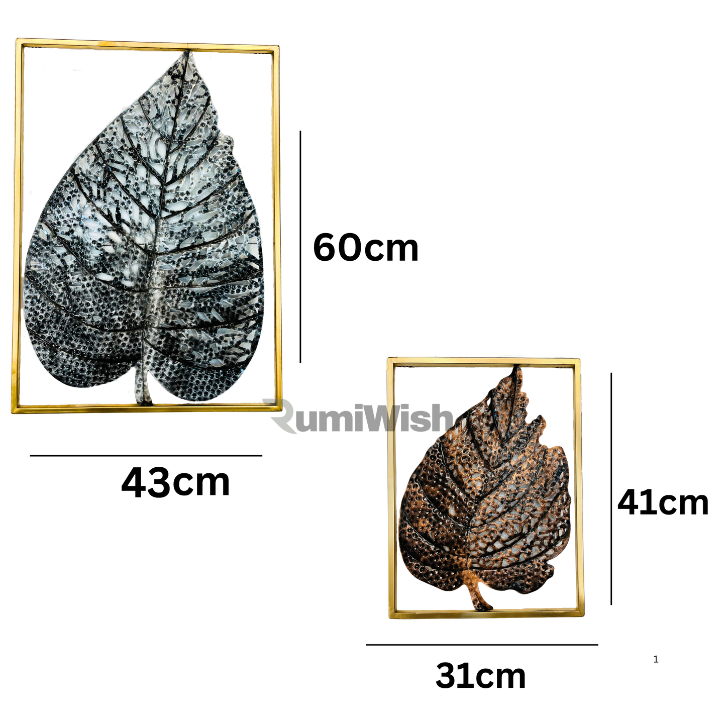 rumiwish  modern luxury metal leaf set of 2 frame wall art decorations | perfect 3d wall sculpture for living room, bedroom, restaurant, hotel & office (copper & silver antique)