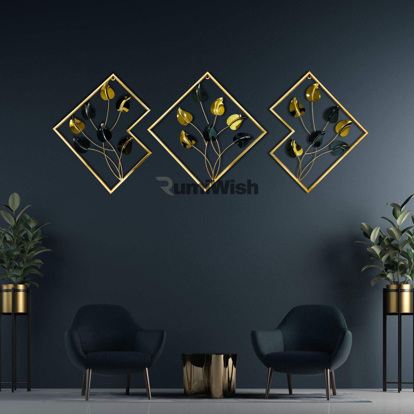 rumiwish  premium steel & iron pvd metal wall art set of 3 – modern geometric design, elegant black & gold finish | wall decor for restaurant | hotel | home | office | living room & bedroom