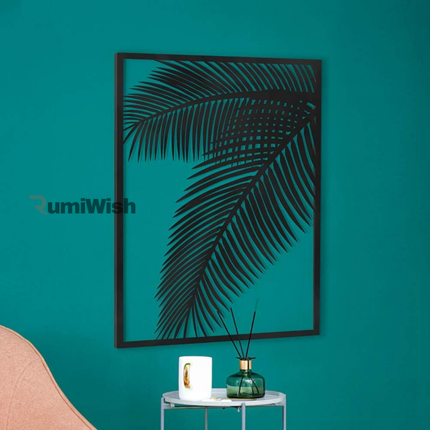 rumiwish  2 pieces metal palm leaf wall decor home art set | metal wall hanging art antique style wall decor restaurant | hotel | home | bedroom | living room (set of 2) (black)