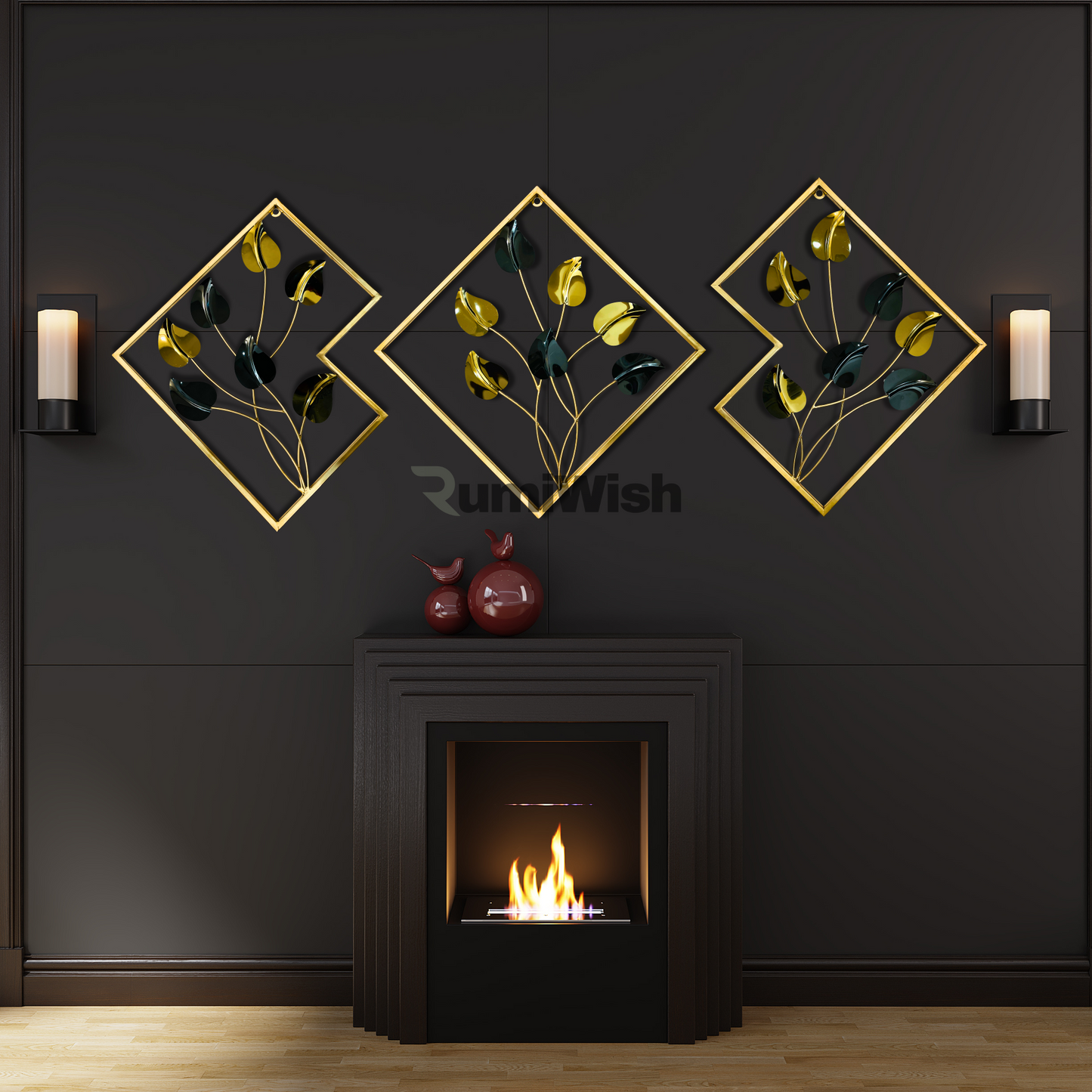 rumiwish  premium steel & iron pvd metal wall art set of 3 – modern geometric design, elegant black & gold finish | wall decor for restaurant | hotel | home | office | living room & bedroom