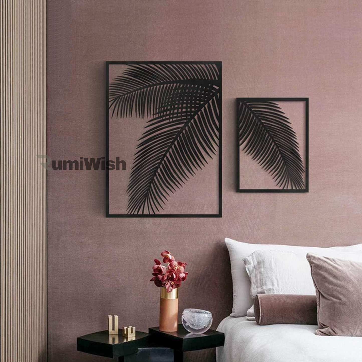 rumiwish  2 pieces metal palm leaf wall decor home art set | metal wall hanging art antique style wall decor restaurant | hotel | home | bedroom | living room (set of 2) (black)