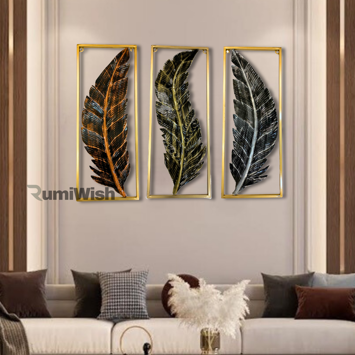 rumiwish  metal frame leaf set of 3 wall art decorations | modern luxury metal wall art decor, | perfect 3d wall sculpture for living room, restaurant, hotel & office (antique finish)