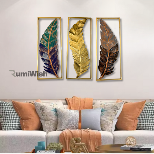 RumiWish  Metal Frame Leaf Set of 3 Wall Art Decorations | Modern Luxury Metal Wall Art Decor, | Perfect 3D Wall Sculpture For Living Room, Restaurant, Hotel & Office (Multi Color)