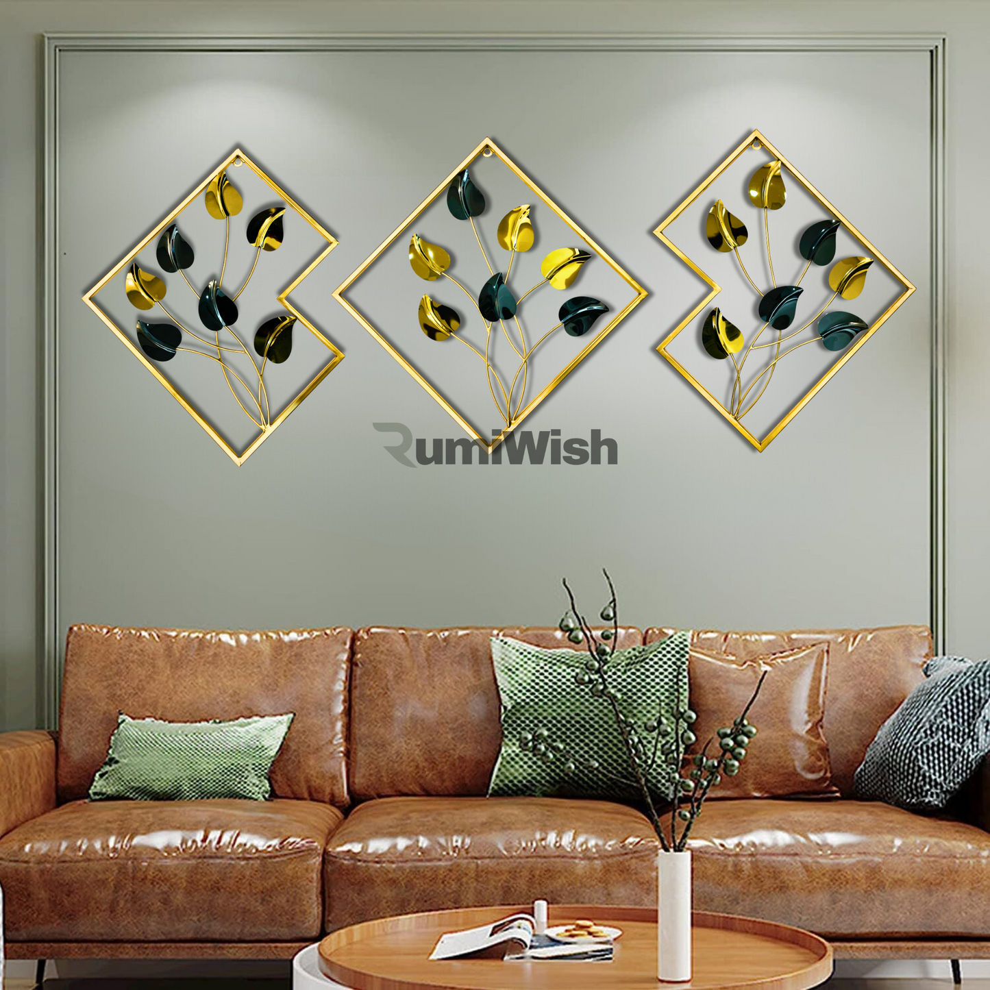 rumiwish  premium steel & iron pvd metal wall art set of 3 – modern geometric design, elegant black & gold finish | wall decor for restaurant | hotel | home | office | living room & bedroom