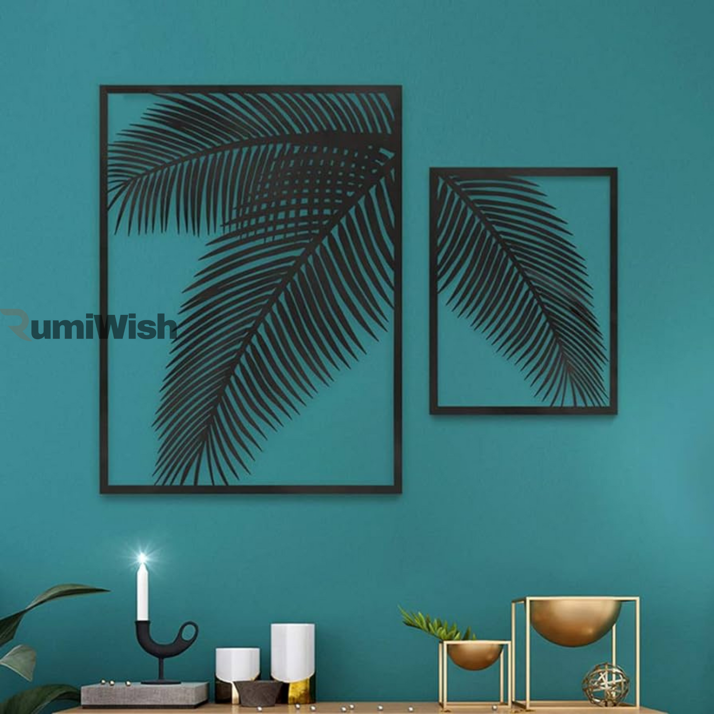 rumiwish  2 pieces metal palm leaf wall decor home art set | metal wall hanging art antique style wall decor restaurant | hotel | home | bedroom | living room (set of 2) (black)