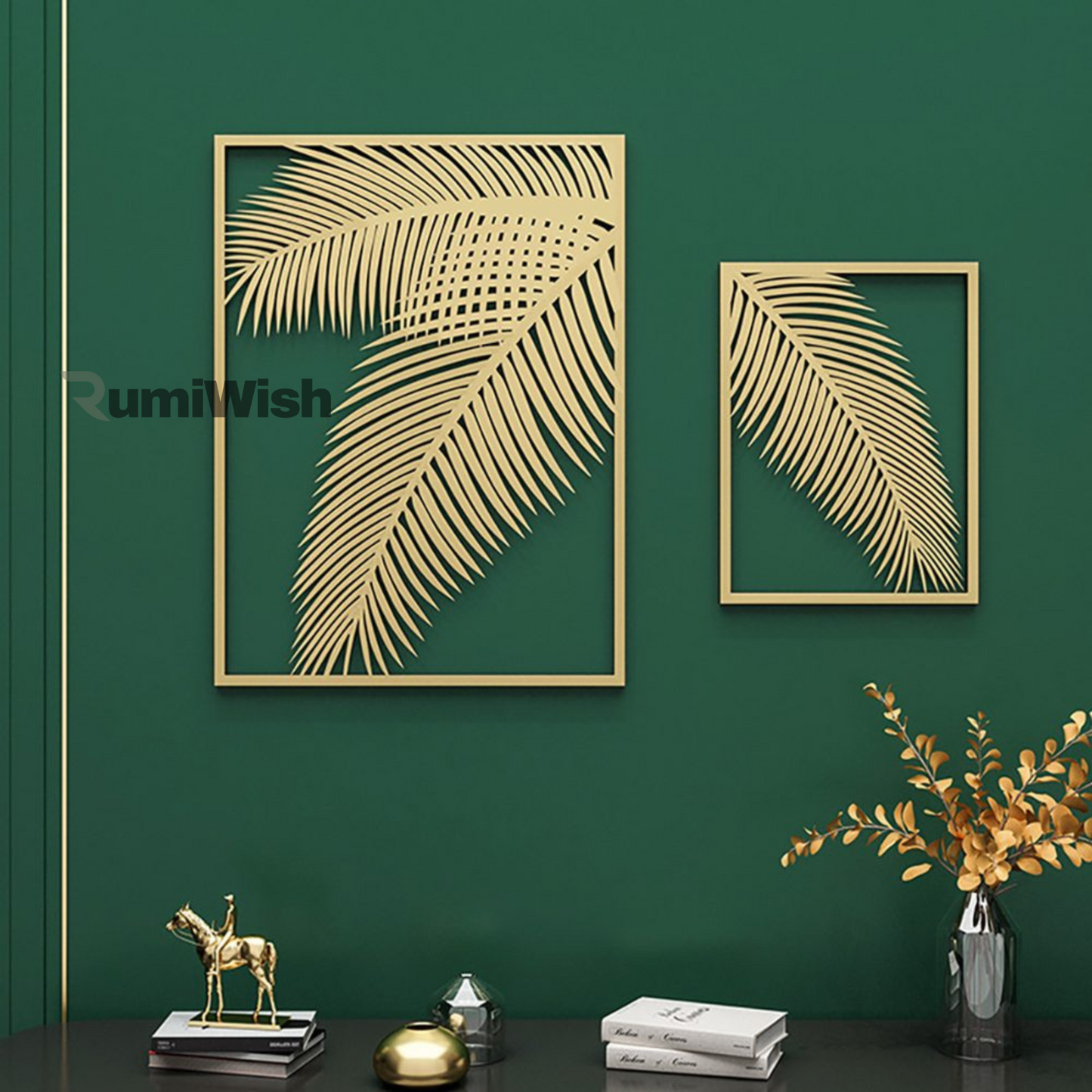 rumiwish  2 pieces metal palm leaf wall decor home art set | metal wall hanging art antique style wall decor restaurant | hotel | home | bedroom | living room (set of 2) (golden)