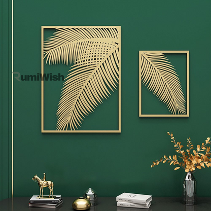 RumiWish  2 Pieces Metal Palm Leaf Wall Decor Home Art Set | Metal Wall Hanging Art Antique Style Wall Decor Restaurant | Hotel | Home | Bedroom | Living Room (Set of 2) (Golden)