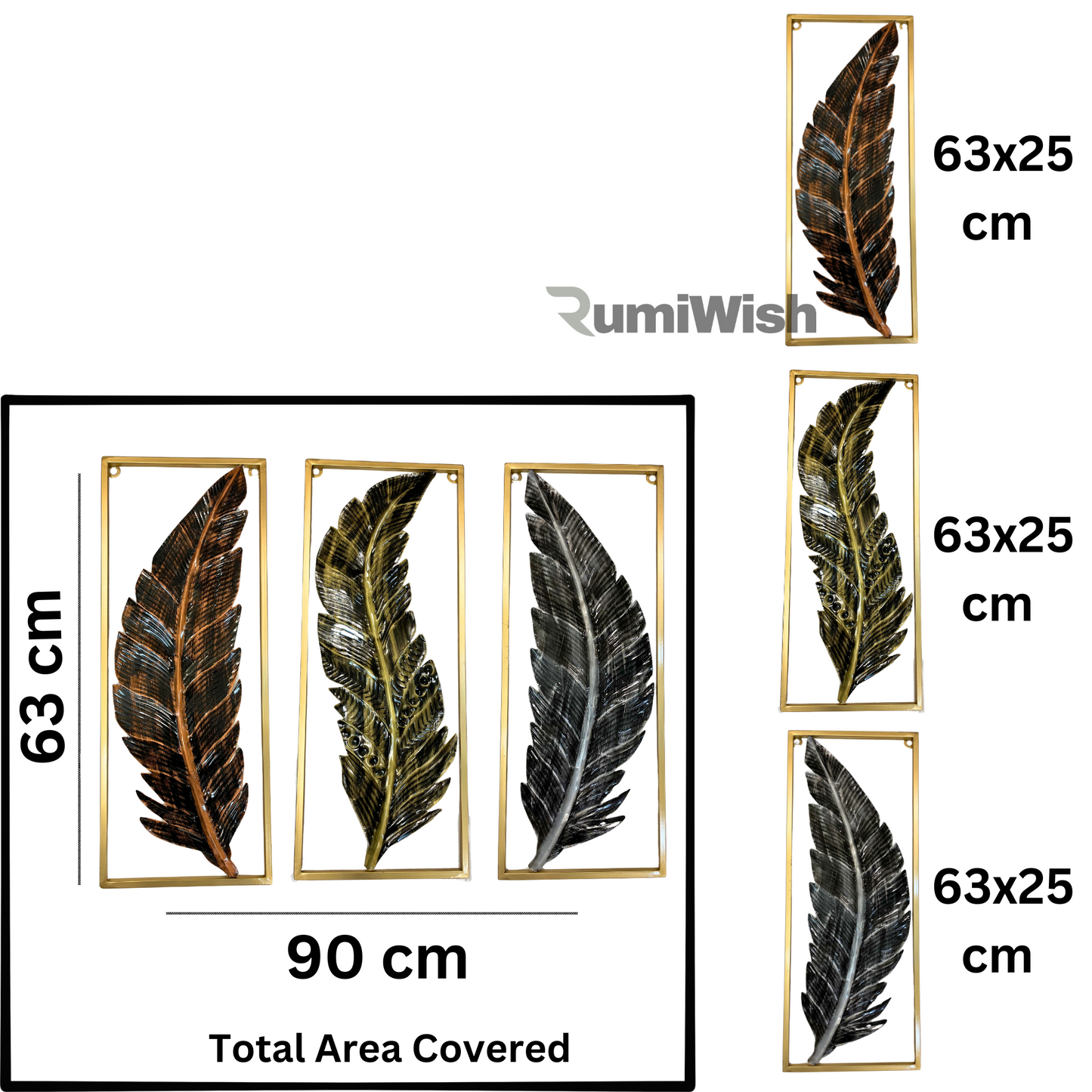 rumiwish  metal frame leaf set of 3 wall art decorations | modern luxury metal wall art decor, | perfect 3d wall sculpture for living room, restaurant, hotel & office (antique finish)