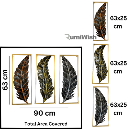 RumiWish  Metal Frame Leaf Set of 3 Wall Art Decorations | Modern Luxury Metal Wall Art Decor, | Perfect 3D Wall Sculpture For Living Room, Restaurant, Hotel & Office (Antique Finish)