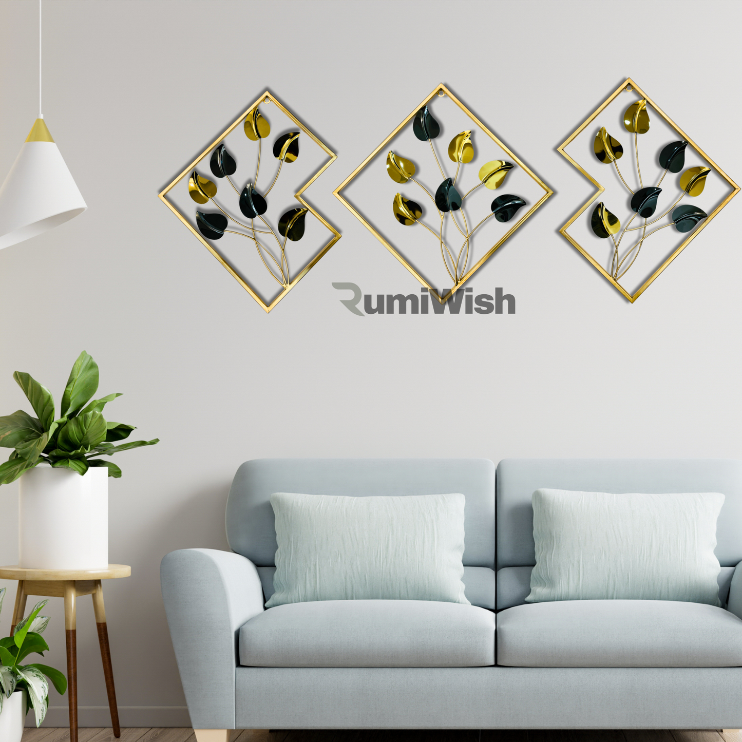 rumiwish  premium steel & iron pvd metal wall art set of 3 – modern geometric design, elegant black & gold finish | wall decor for restaurant | hotel | home | office | living room & bedroom