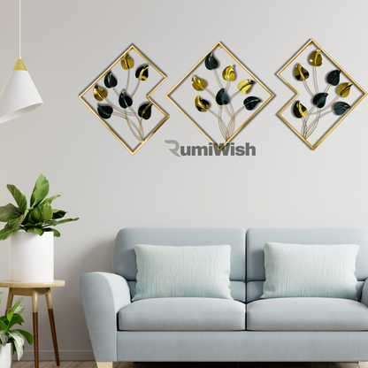 RumiWish  Premium Steel & Iron PVD Metal Wall Art Set of 3 – Modern Geometric Design, Elegant Black & Gold Finish | Wall Decor For Restaurant | Hotel | Home | Office | Living Room & Bedroom