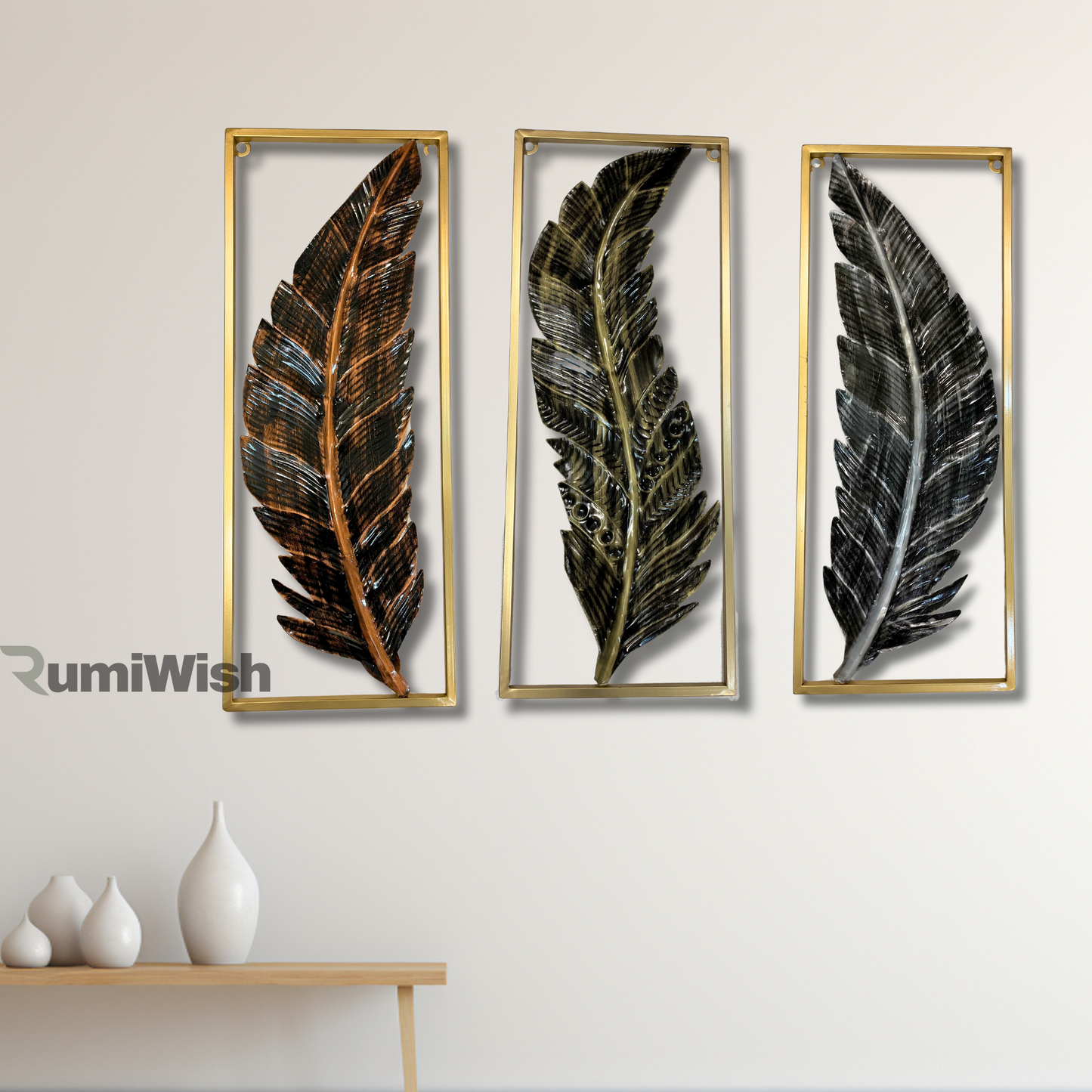 rumiwish  metal frame leaf set of 3 wall art decorations | modern luxury metal wall art decor, | perfect 3d wall sculpture for living room, restaurant, hotel & office (antique finish)