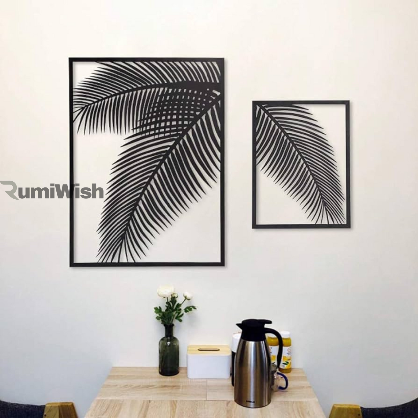 rumiwish  2 pieces metal palm leaf wall decor home art set | metal wall hanging art antique style wall decor restaurant | hotel | home | bedroom | living room (set of 2) (black)