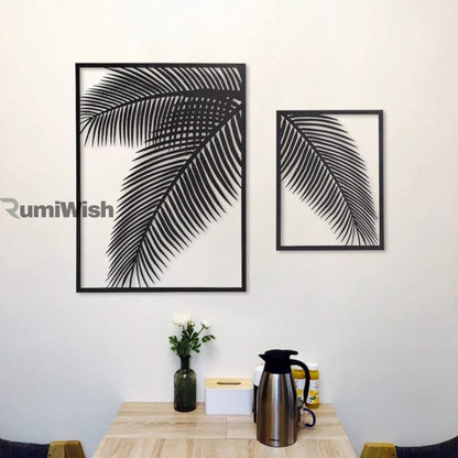 RumiWish  2 Pieces Metal Palm Leaf Wall Decor Home Art Set | Metal Wall Hanging Art Antique Style Wall Decor Restaurant | Hotel | Home | Bedroom | Living Room (Set of 2) (Black)