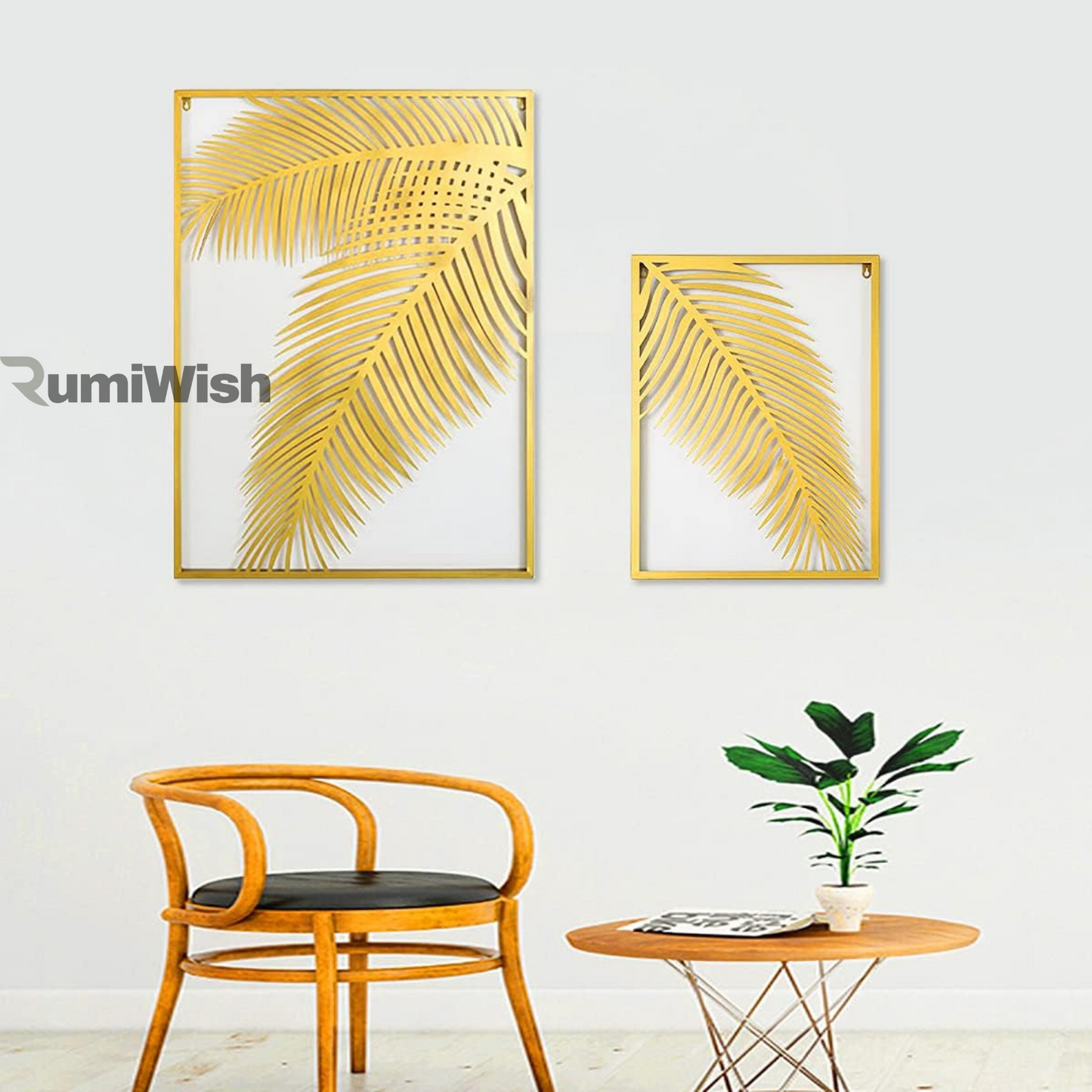 rumiwish  2 pieces metal palm leaf wall decor home art set | metal wall hanging art antique style wall decor restaurant | hotel | home | bedroom | living room (set of 2) (golden)