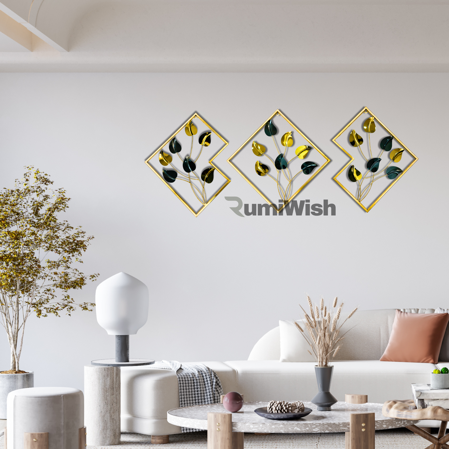 rumiwish  premium steel & iron pvd metal wall art set of 3 – modern geometric design, elegant black & gold finish | wall decor for restaurant | hotel | home | office | living room & bedroom