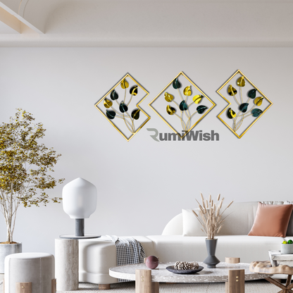 RumiWish  Premium Steel & Iron PVD Metal Wall Art Set of 3 – Modern Geometric Design, Elegant Black & Gold Finish | Wall Decor For Restaurant | Hotel | Home | Office | Living Room & Bedroom