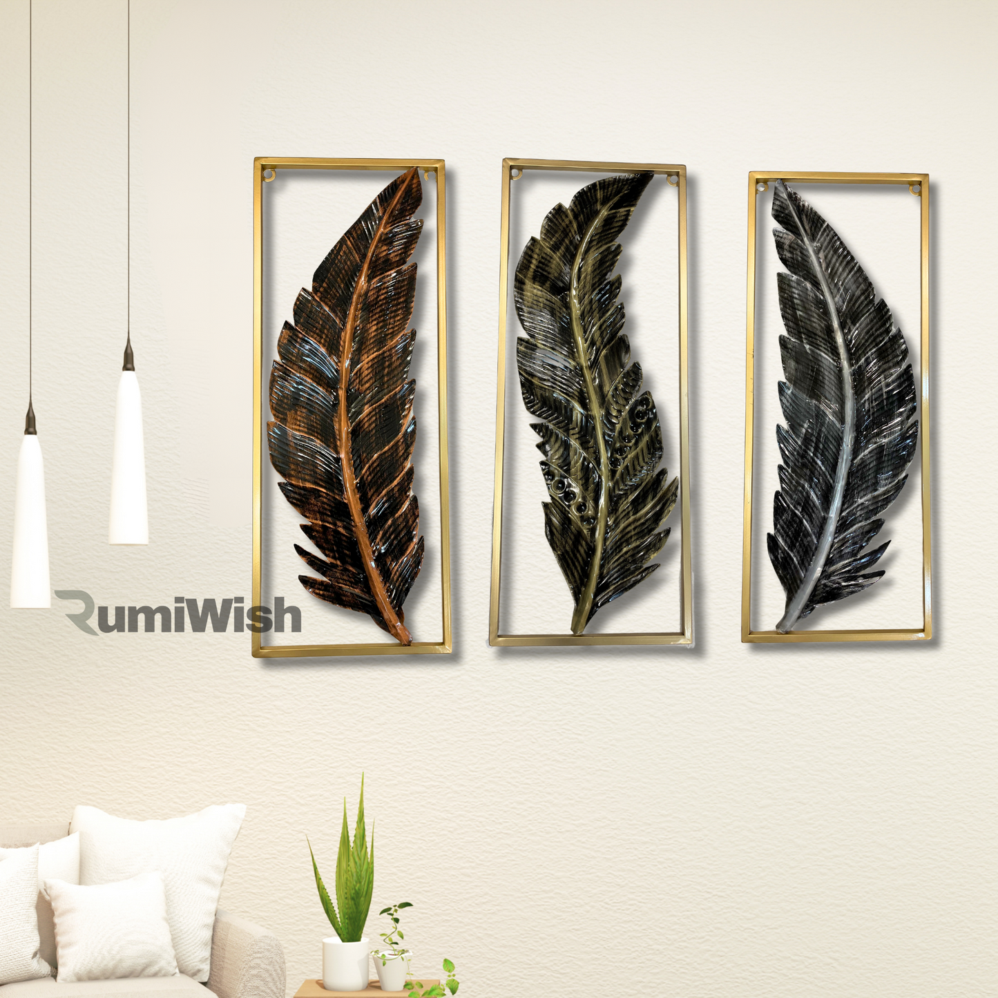 rumiwish  metal frame leaf set of 3 wall art decorations | modern luxury metal wall art decor, | perfect 3d wall sculpture for living room, restaurant, hotel & office (antique finish)