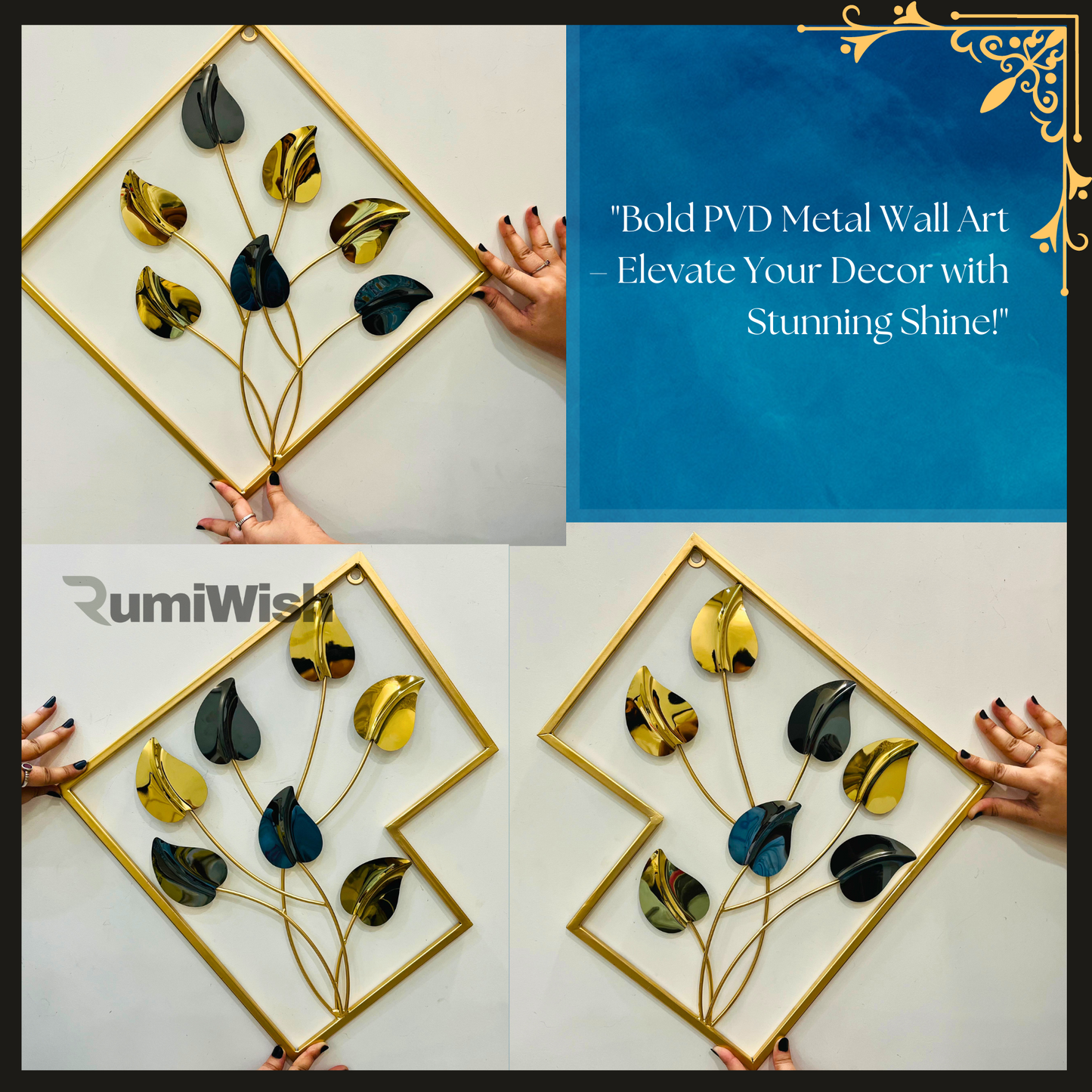 rumiwish  premium steel & iron pvd metal wall art set of 3 – modern geometric design, elegant black & gold finish | wall decor for restaurant | hotel | home | office | living room & bedroom