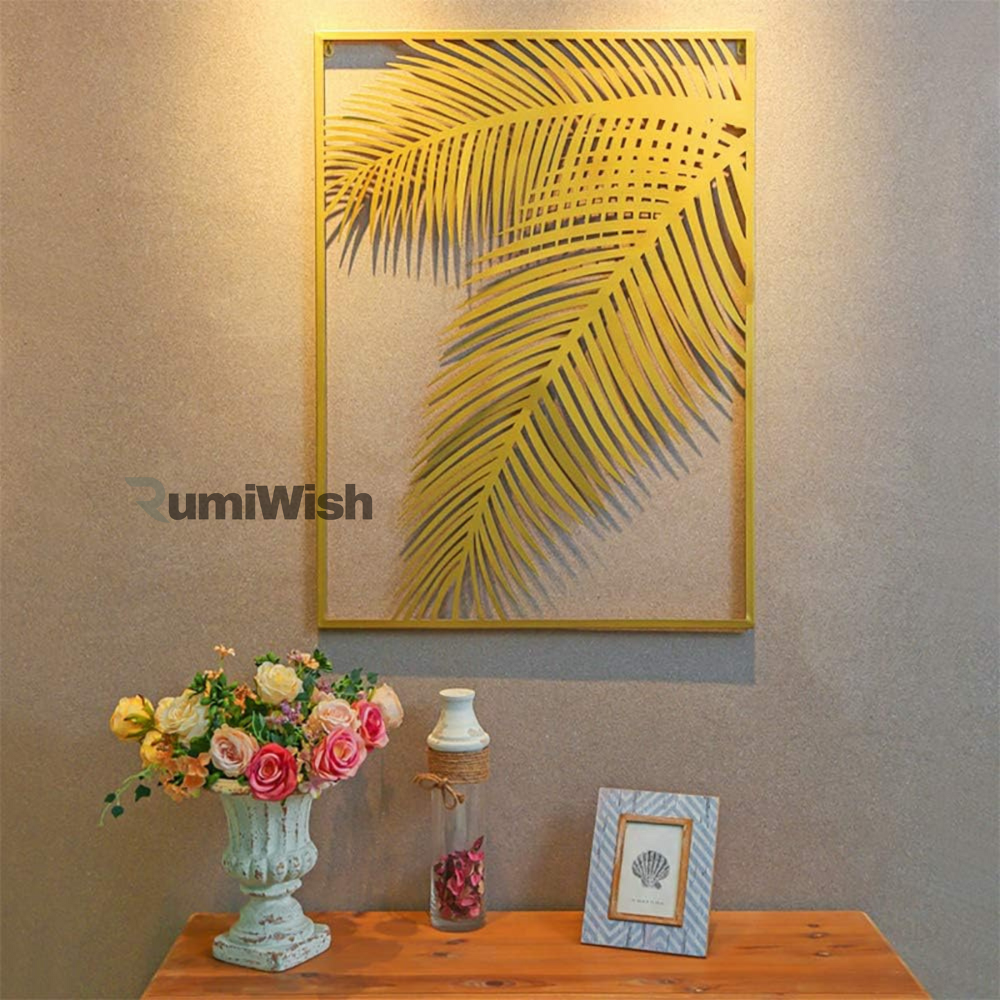 rumiwish  2 pieces metal palm leaf wall decor home art set | metal wall hanging art antique style wall decor restaurant | hotel | home | bedroom | living room (set of 2) (golden)