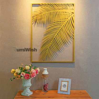 RumiWish  2 Pieces Metal Palm Leaf Wall Decor Home Art Set | Metal Wall Hanging Art Antique Style Wall Decor Restaurant | Hotel | Home | Bedroom | Living Room (Set of 2) (Golden)