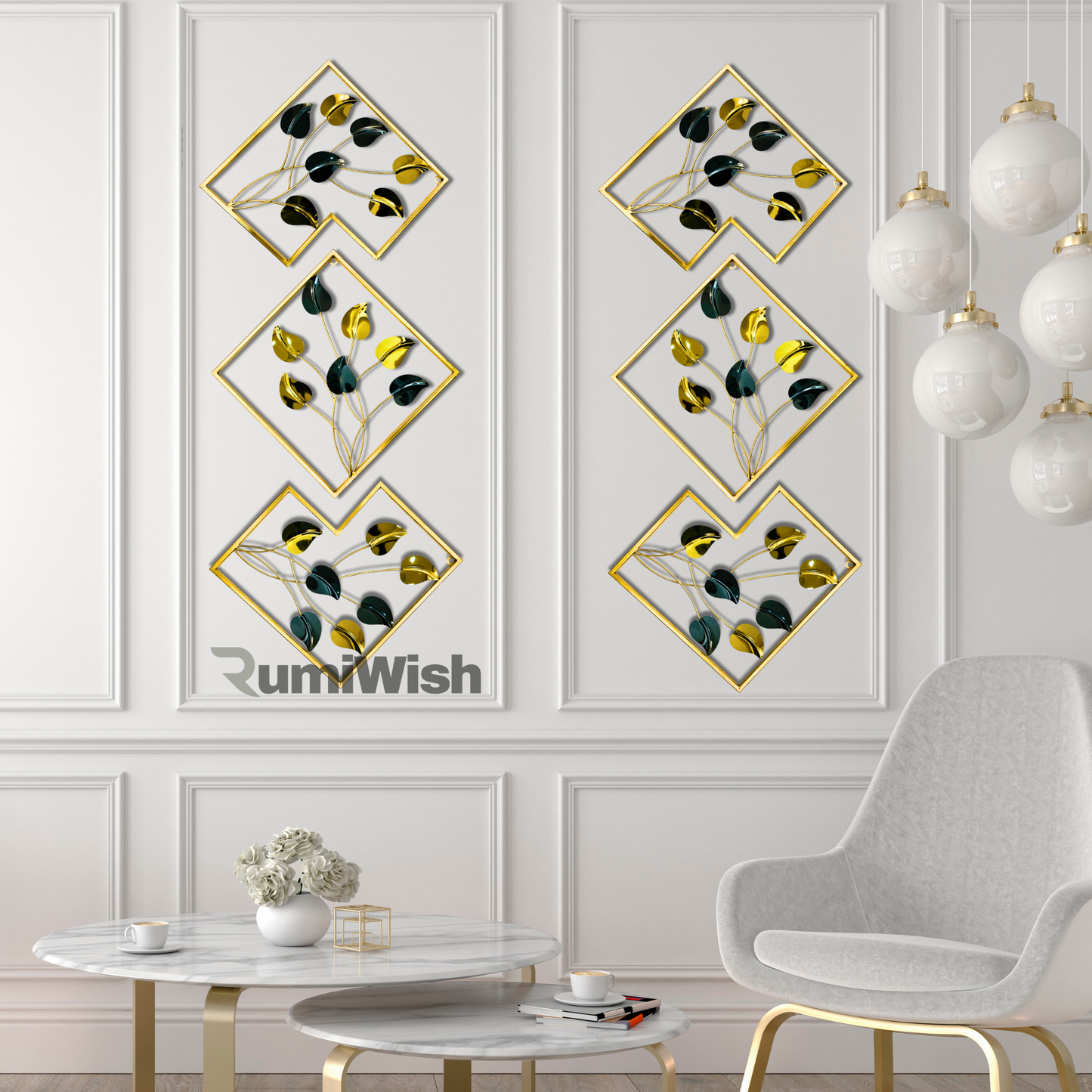 rumiwish  premium steel & iron pvd metal wall art set of 3 – modern geometric design, elegant black & gold finish | wall decor for restaurant | hotel | home | office | living room & bedroom