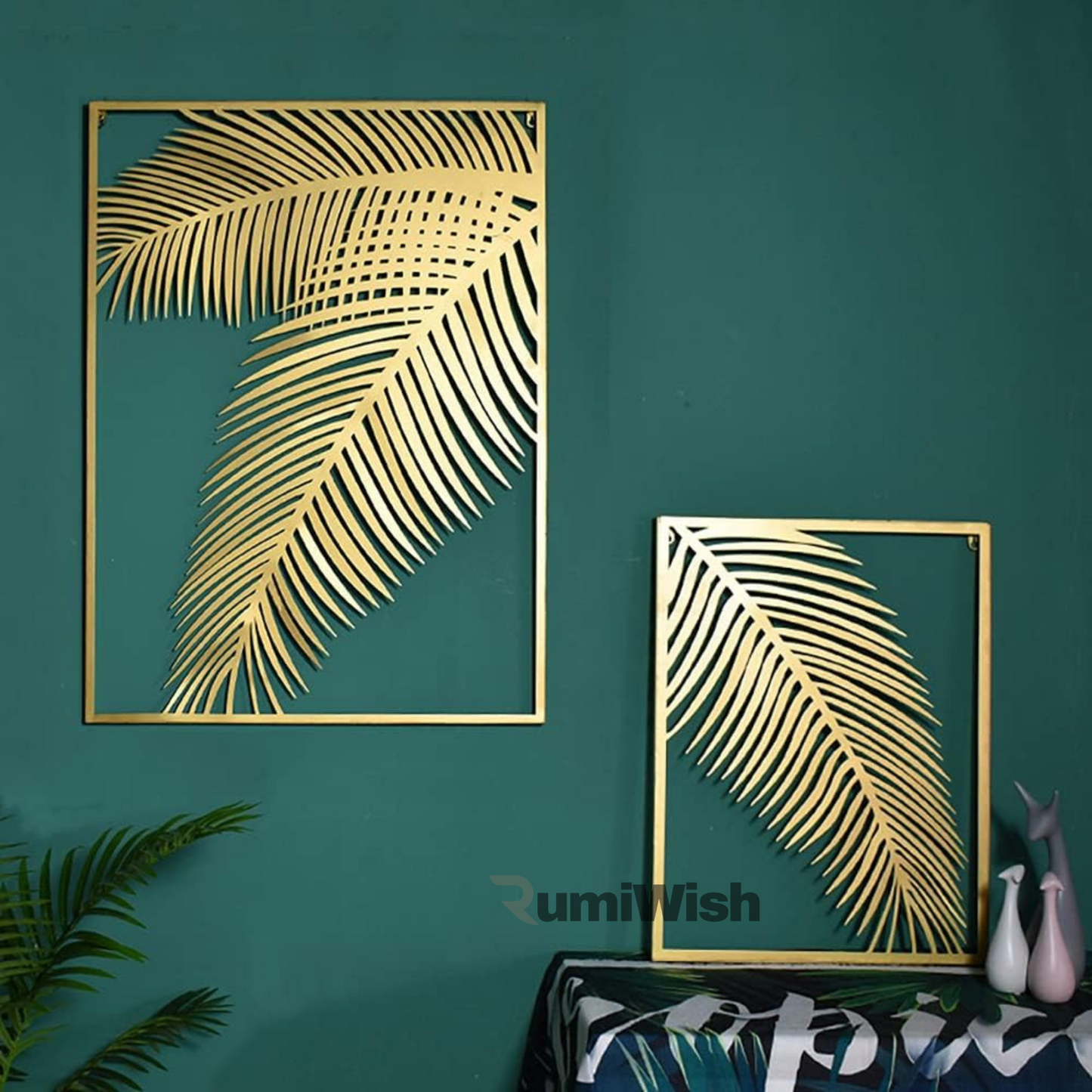 rumiwish  2 pieces metal palm leaf wall decor home art set | metal wall hanging art antique style wall decor restaurant | hotel | home | bedroom | living room (set of 2) (golden)