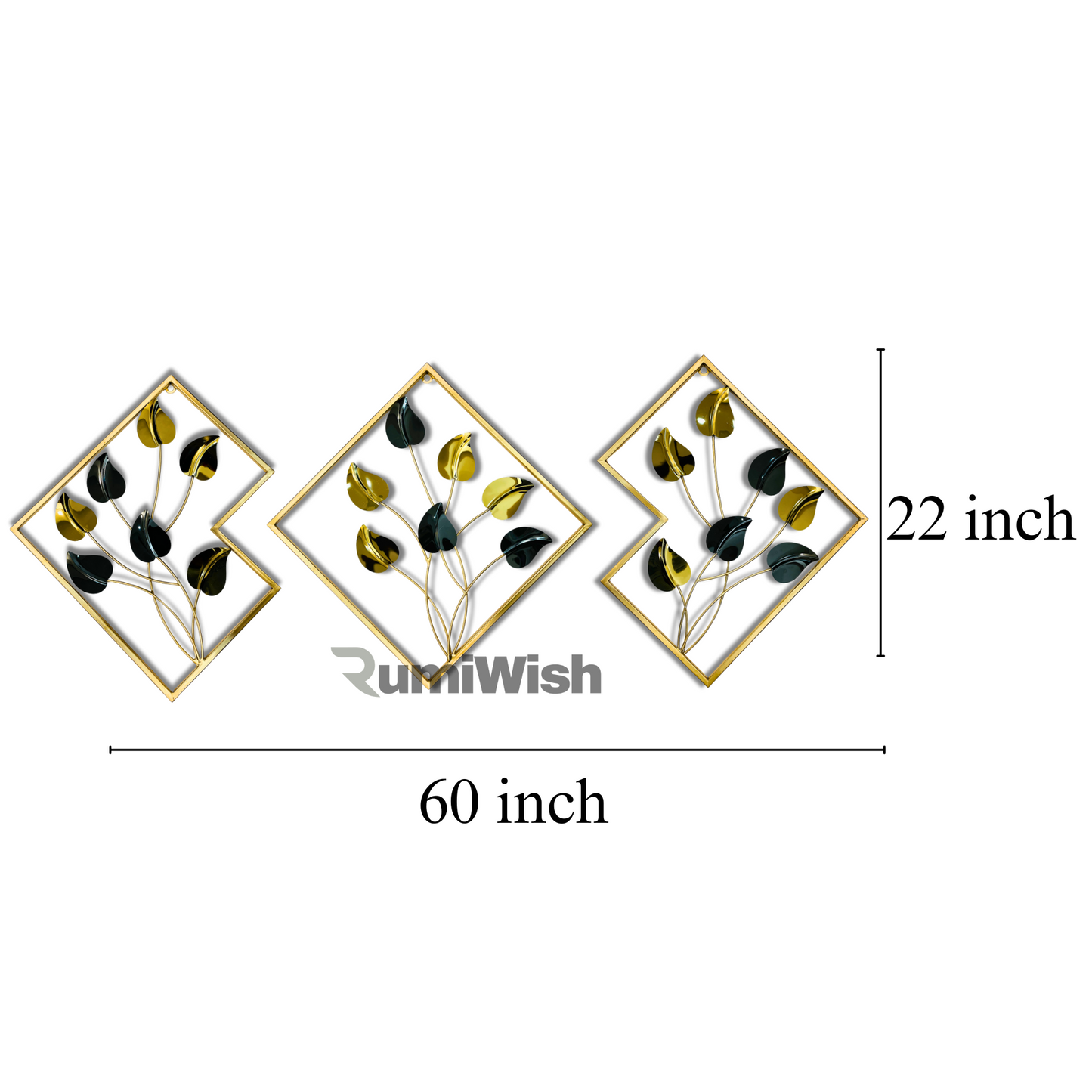 rumiwish  premium steel & iron pvd metal wall art set of 3 – modern geometric design, elegant black & gold finish | wall decor for restaurant | hotel | home | office | living room & bedroom