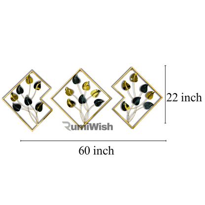 RumiWish  Premium Steel & Iron PVD Metal Wall Art Set of 3 – Modern Geometric Design, Elegant Black & Gold Finish | Wall Decor For Restaurant | Hotel | Home | Office | Living Room & Bedroom